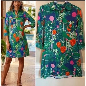 LA PLAGE Tropical Floral Linen Blend Shirt Dress Blue Green Pink Orange Small